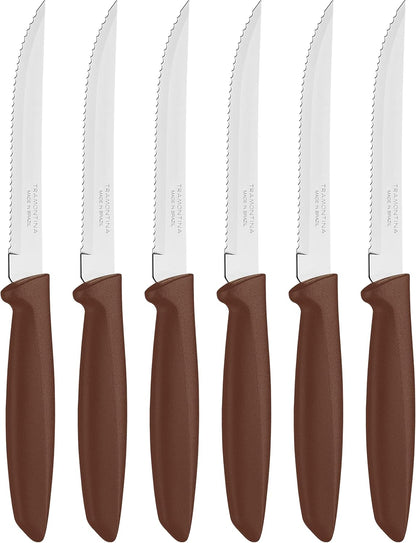 Tramontina Kitchen Knives Set of 6, Serrated Fruit Tomato Cooking Knife, Vegetable Chopper Peeler, Stainless Steel, Multipurpose, Pointed Tip, Brown, 23498454