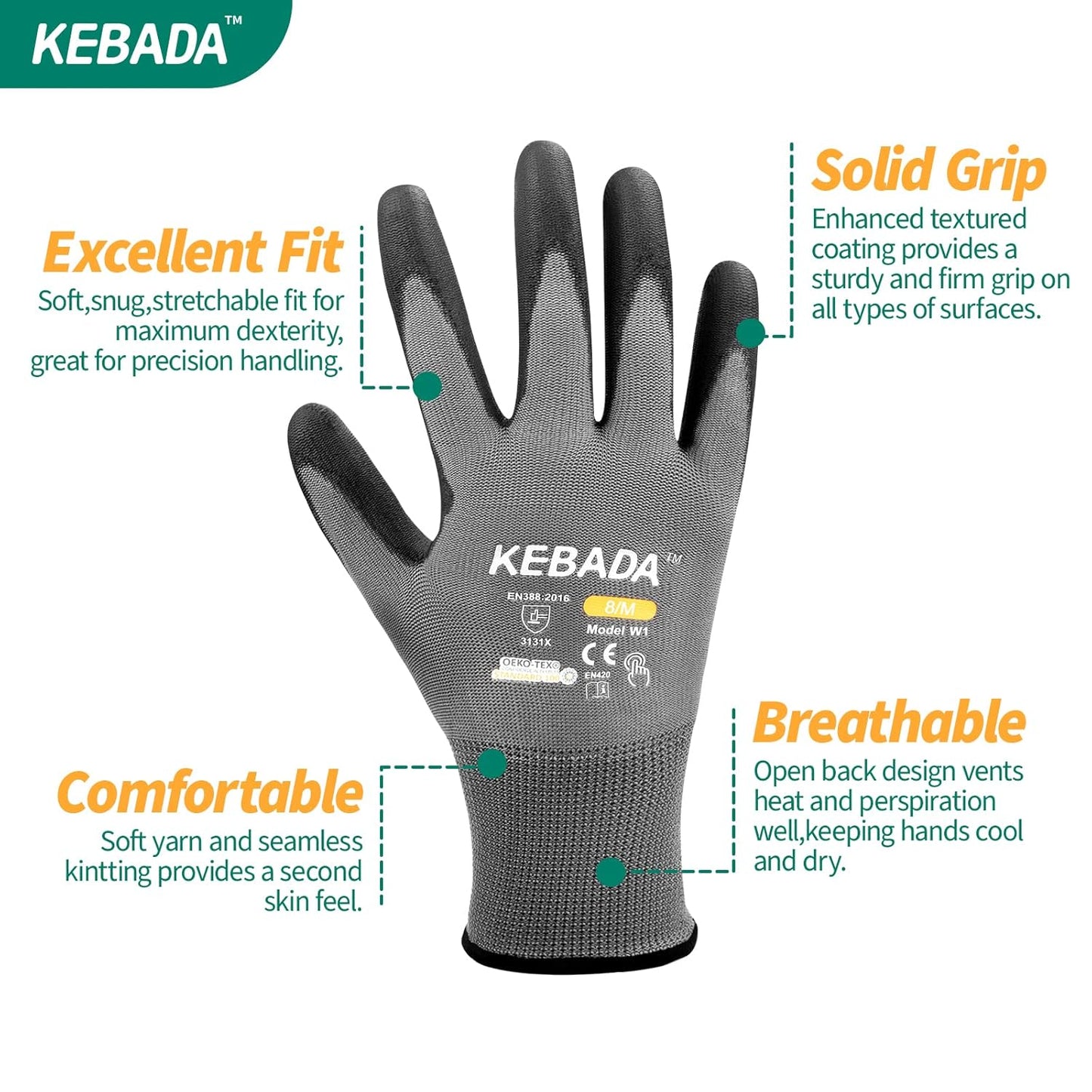 Kebada W1 Work Gloves for Men and Women, PU Coated Safety Gloves with Grip, Touchscreen, Ideal for Warehouse Package Handling, Construction, Gardening, 12 Pairs Gray Large