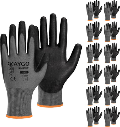 KAYGO Work Gloves for Men and Women,12 Pairs Seamless Knit PU Coated Safety Gloves, with Smooth Grip on Palm and Fingers, Ideal for Light Warehouse, Manufacturing, Gardening, KG11P (M, Black)