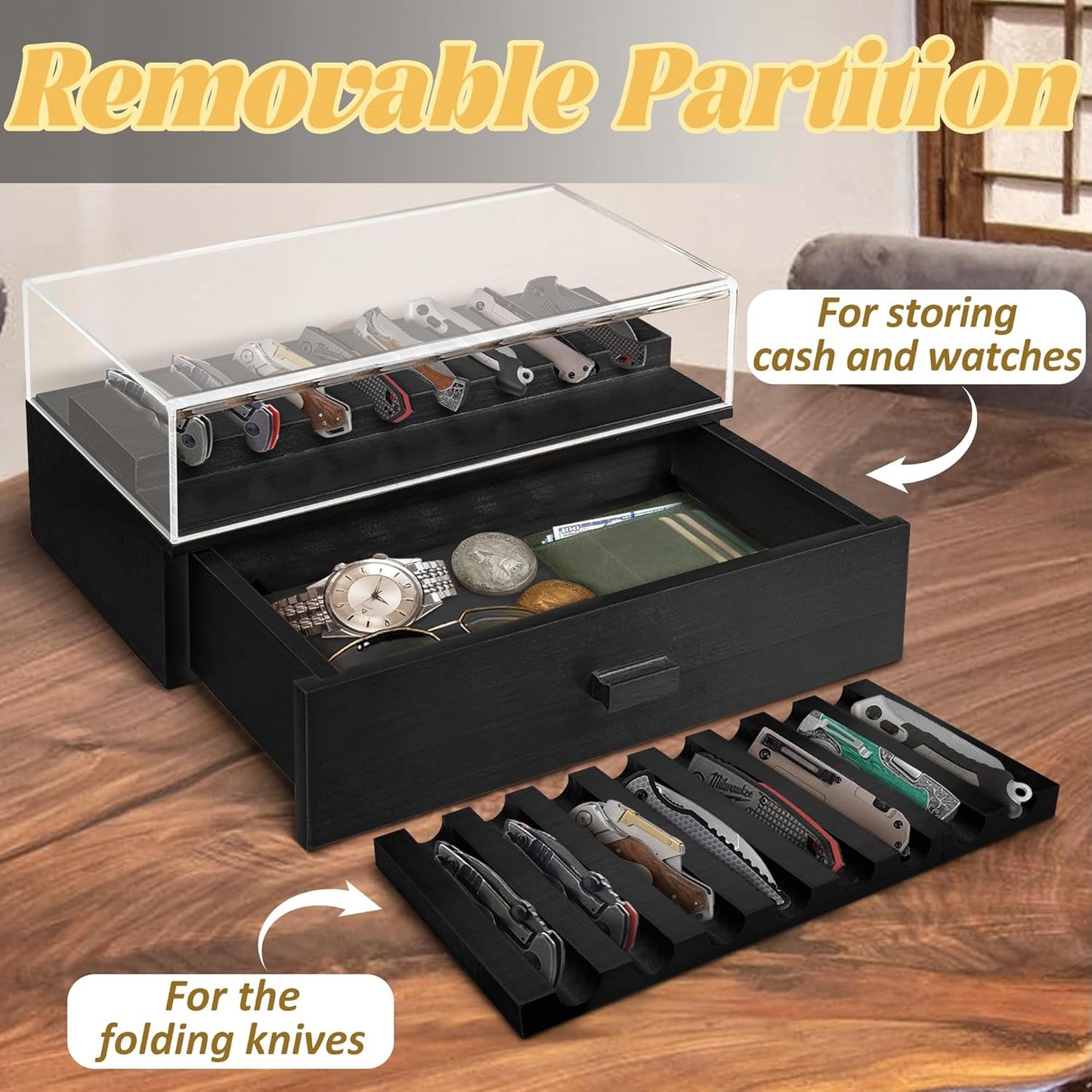 Knife Display Case,2 Tier Wooden Pocket Knife Collection Case with Acrylic Lid, Pocket Knife Storage Drawer Organizer, Walnut