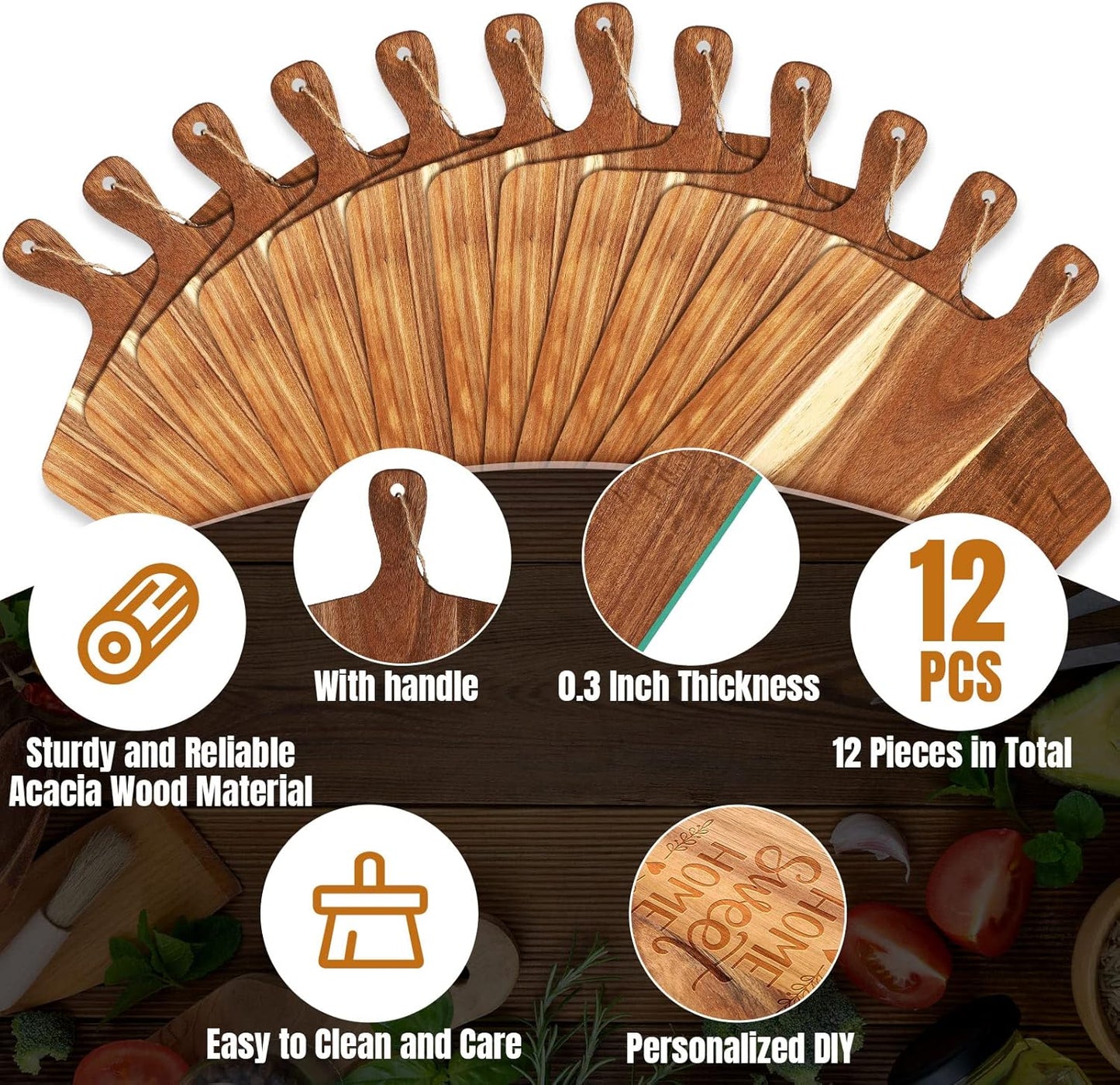 Patelai 12 Packs Wooden Cutting Board Set with Handles Large Kitchen Serving Plain Chopping Board Bulk Gifts for Mom for Vegetables Meat Pizza Cheese Fruit Bread(Acacia Wood,15 x 7 Inch)