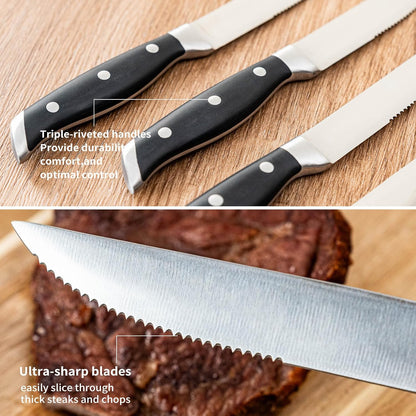 4.5 Inch Steak Knife Set of 4, Knives Set for Kitchen, Paring Knife, Stainless Steel Serrated Knife, Lacquered Wood, Black