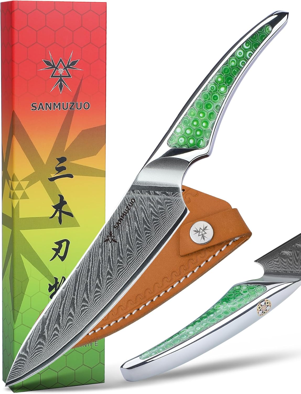 7 inch Nakiri Knife, Japanese VG-10 Damascus Steel Meat Cleaver, Ultra Sharp Vegetable Knife with Full-tang Handle in Green Resin, LA-S9 Series