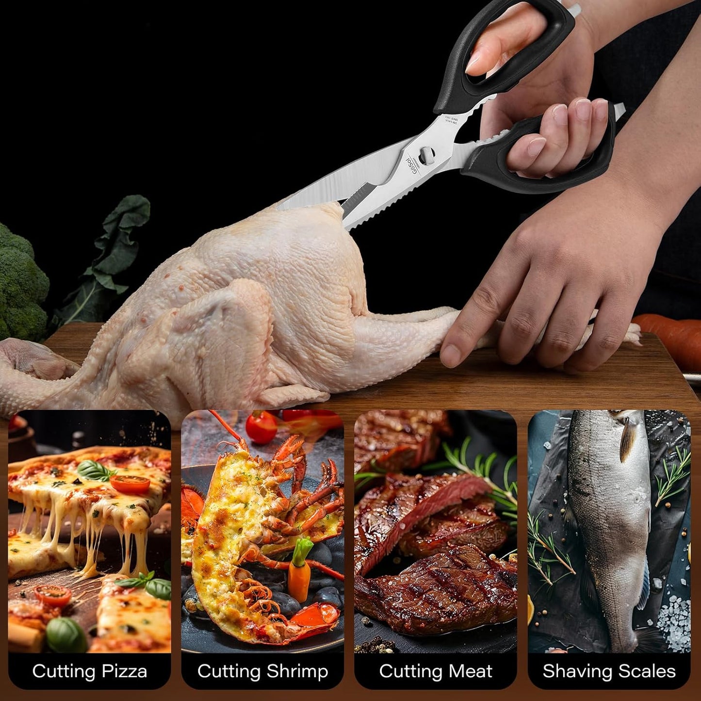 Kitchen Shears Come Apart Kitchen Scissors for Food Heavy Duty Chicken Bone Fish Nutcracker Can Opener Shears with Serrated Blade Premium Black Titanium Plated Stainless Steel 02A