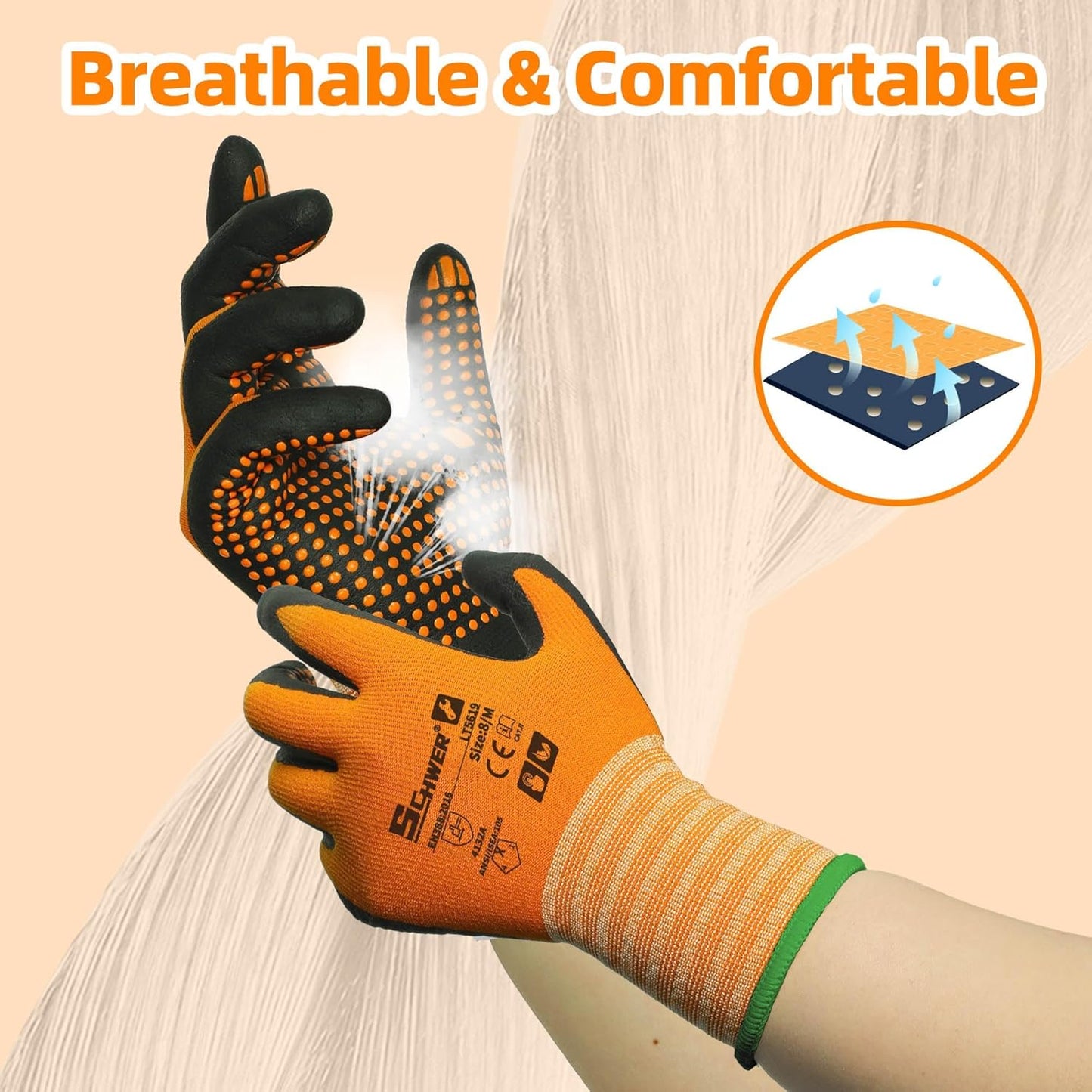 Schwer 3/6/12 Pairs Safety Work Gloves MicroFoam Nitrile Coated, Certified Level 6 Abrasion Resistant Gardening Gloves with MicroDot Grip, Touchscreen, General A1 Cut Resistant Glove, LT5619, S
