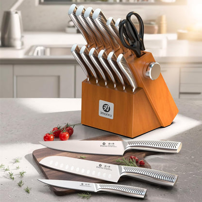 imarku 14-Piece Knife Block Set, Knife Set with Block and Build-in Sharpener, Japanese Stainless Steel Knife Set for Lasting Sharpness, Dishwasher Safe, Black