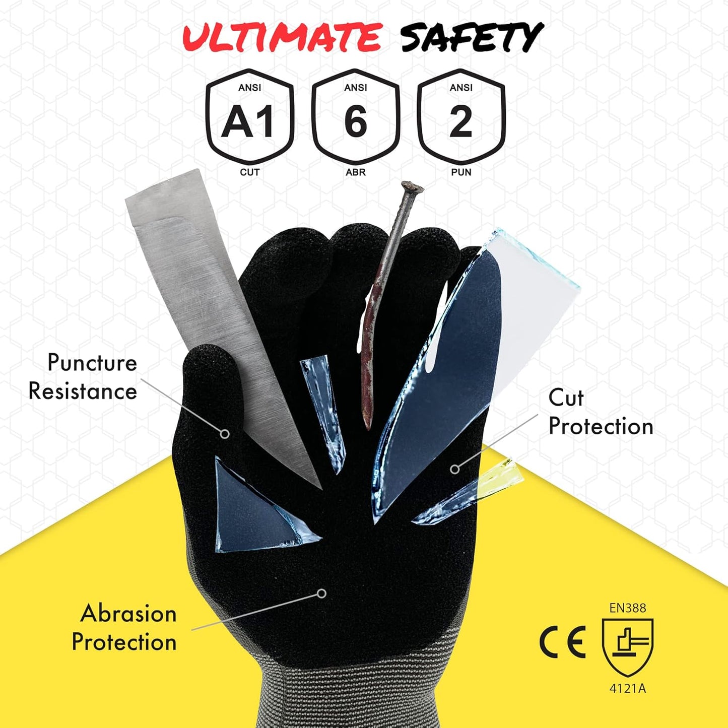 Quest Protective Apparel Cut Resistant Work Gloves (ANSI A1) – Lightweight Graphene Gloves for Gardening, DIY, Mechanical & General Handling – Breathable Grip Gloves for Men & Women – Large, Pack of 3