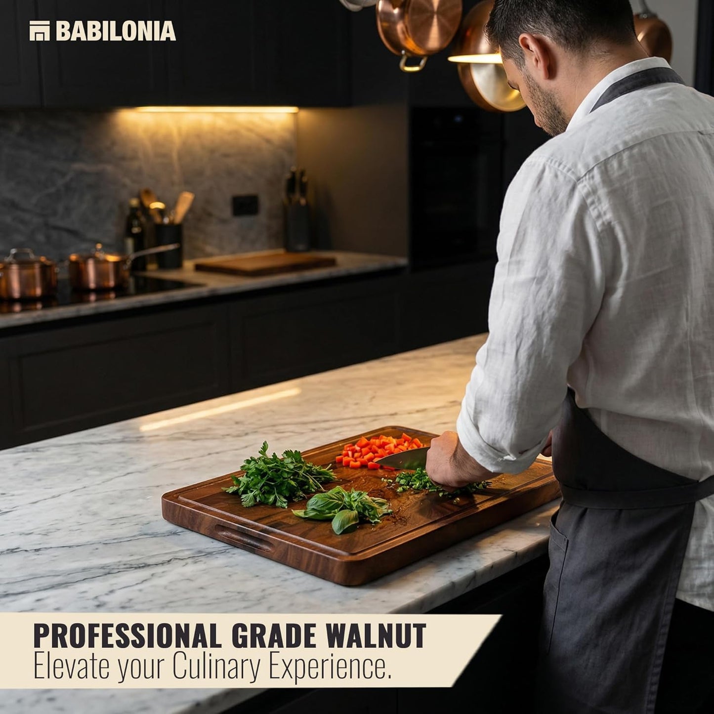 Babilonia Walnut Cutting Board - 17" x 13" x 1" Professional and Heavy Duty Non Toxic Wood Chopping Board, Wooden Charcuterie Boards & Butcher Block with Handles (Oil Bottle Included)