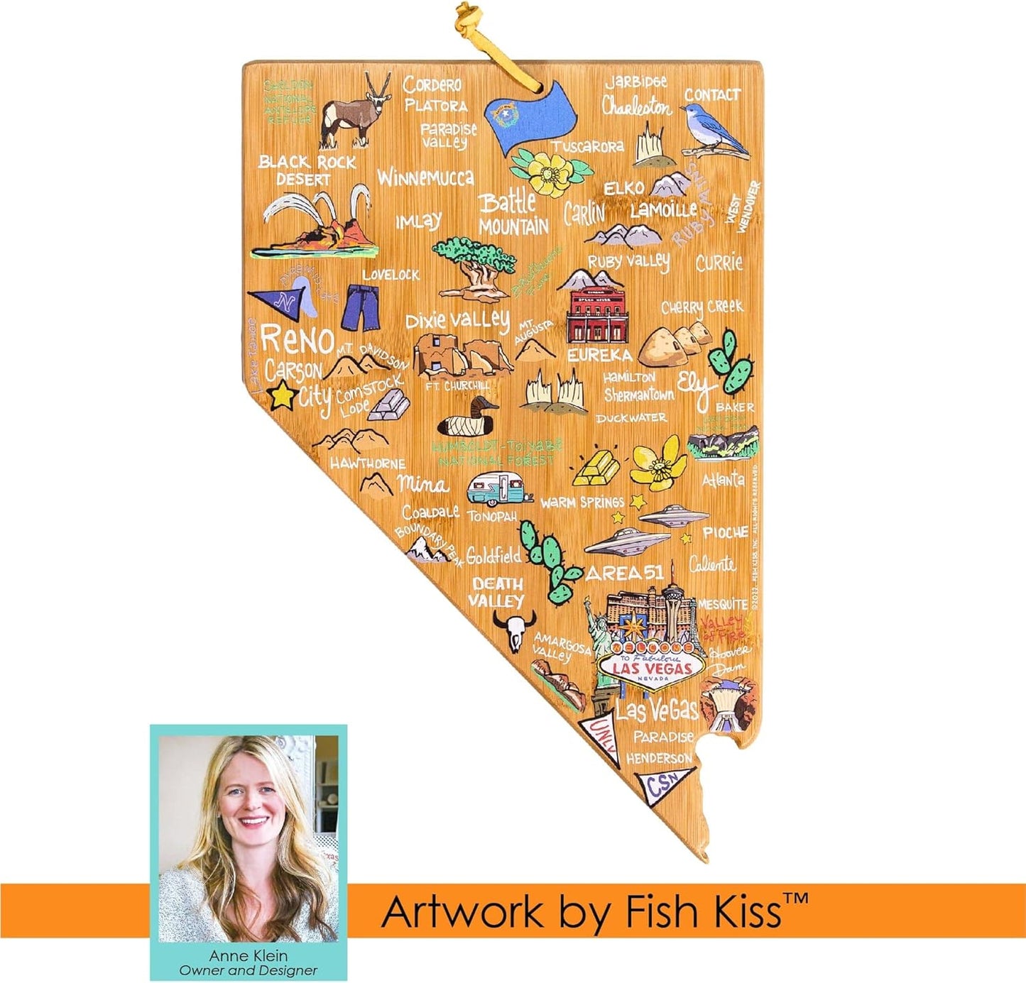 Totally Bamboo Tennessee State Shaped Cutting Board and Charcuterie Serving Platter with Artwork by Fish Kiss, Includes Hang Tie for Wall Display - Colors A