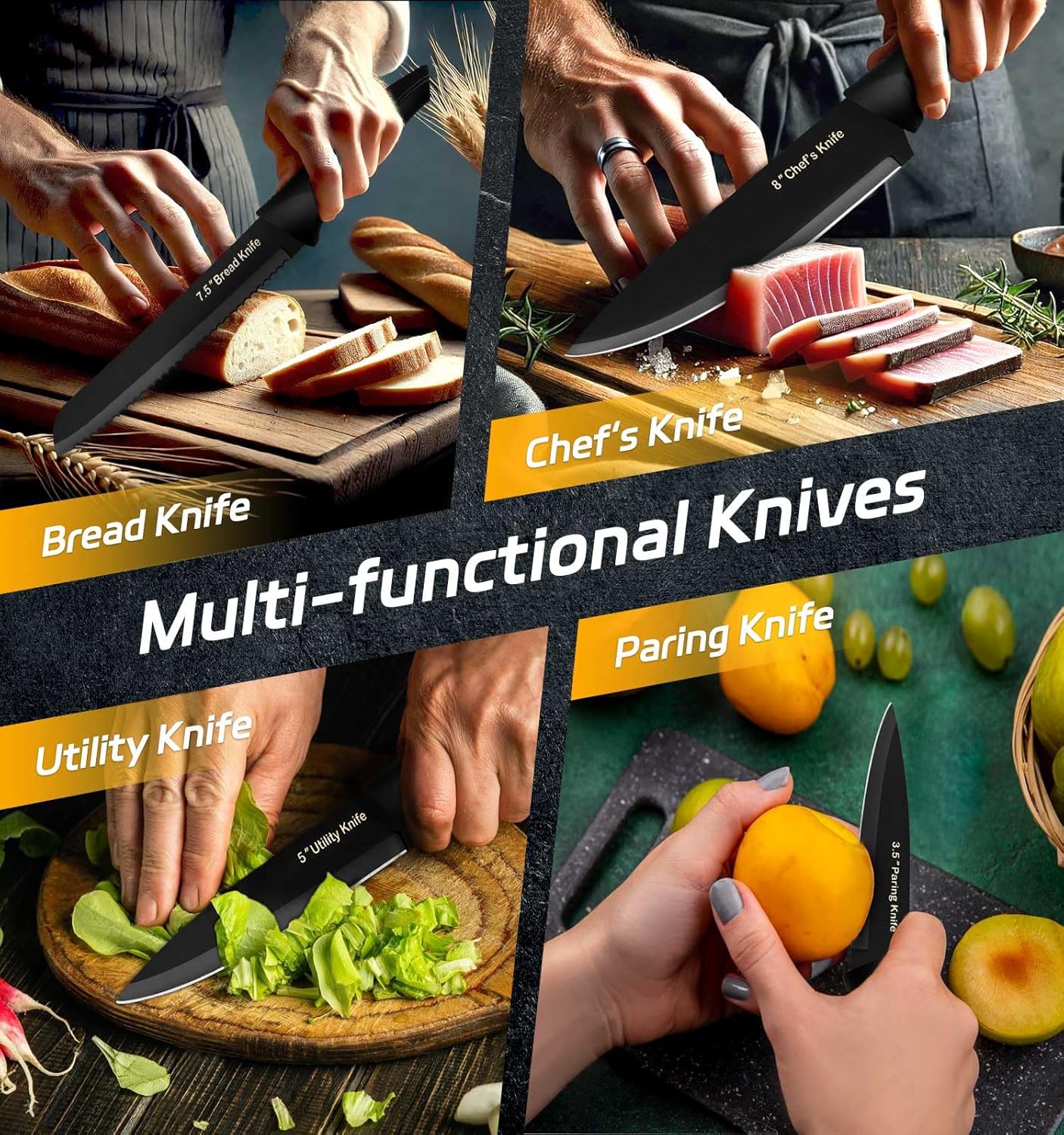Knife Set, 8 Pieces Kitchen Knife Block Sets, High Carbon German Stainless Steel, Dishwasher Safe Cutlery with Sharpener, Black