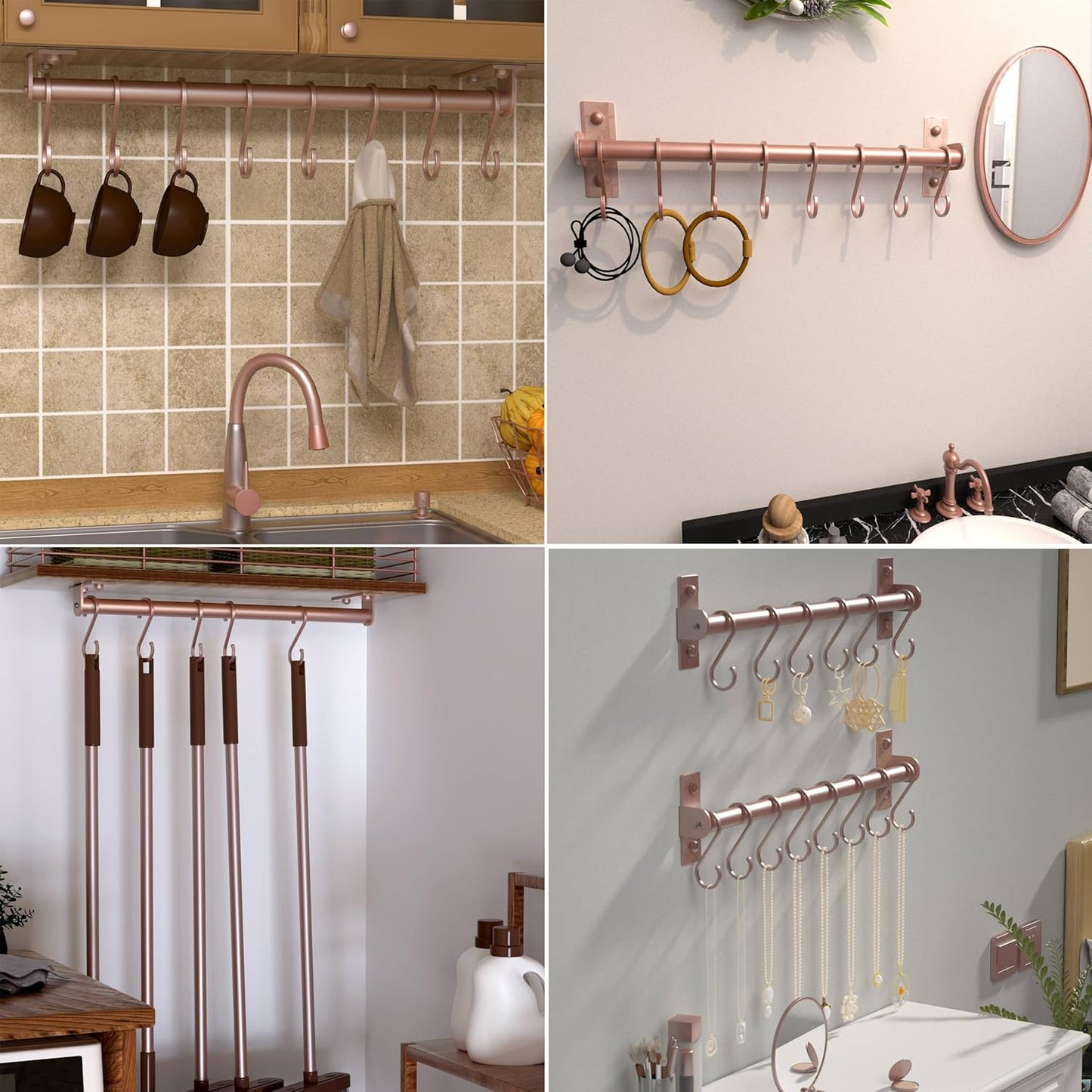 Dseap Kitchen Utensil Holder Hanger, Pot and Pan Rack Wall Mounted, Kitchen Rail with 8 Hooks for Hanging Cooking Utensils, Mugs, Spoons, Wall Mounted, Silver