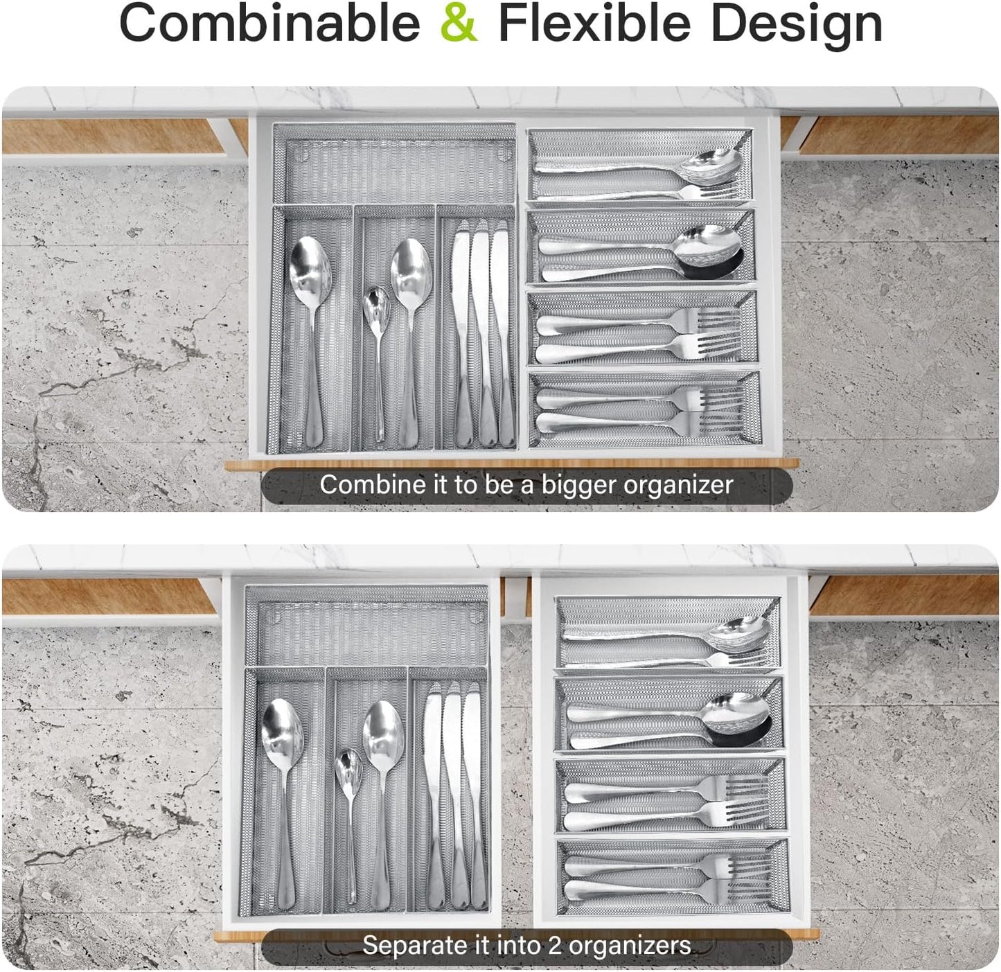 Neudeco Silverware Organizer,Mesh Drawer Organizer for Kitchen，Metal Utensil Organizer for Flatware, Knives, Spoons,Cosmetic (Silver 9 * 3 * 2 inch Pack6)