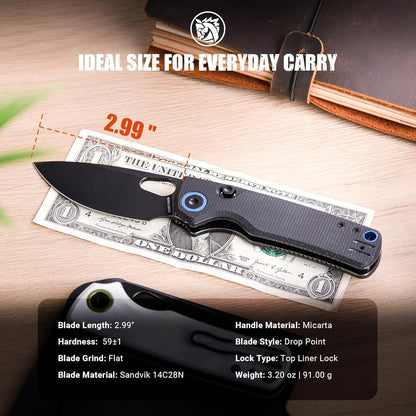 Vosteed EDC Knife, 2.99" 14C28N Steel Wider Blade, Green Micarta Handle Top Liner Lock, Folding Pocket Knives with Clip for Men & Women, Survival Camping - Porcupine A2603