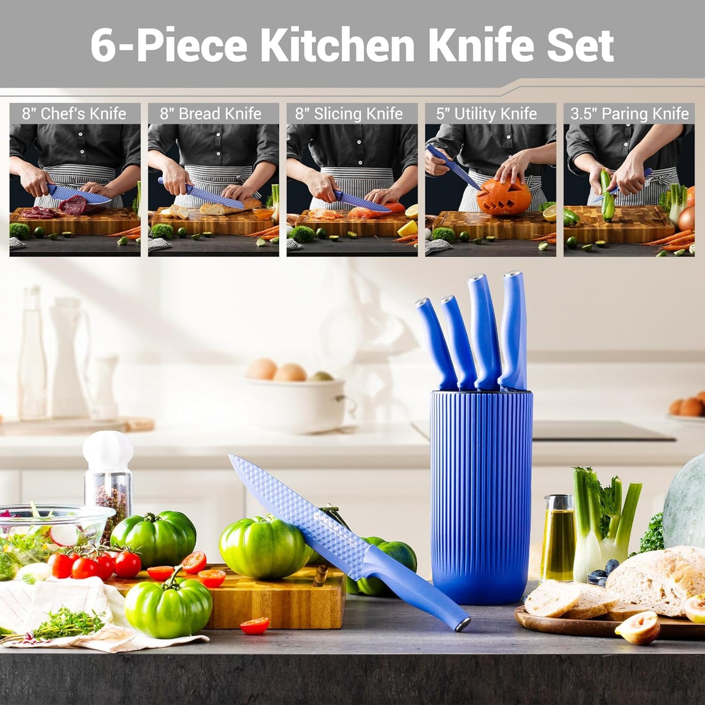 Kitchen Knife Set with Block, 6-Piece Non-stick Stainless Steel Sharp Knives Set for Precision Cutting with Universal Knife Block for Kitchen, Ergonomic Design & Dishwasher Safe, Pink