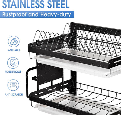 Dish Drying Rack, Over The Wall Mounted Dish Drying Rack, Stainless Steel Dish Rack, Large Storage Drying Rack for Kitchen, Dish Drainer with Utensil Holder-2 Tier