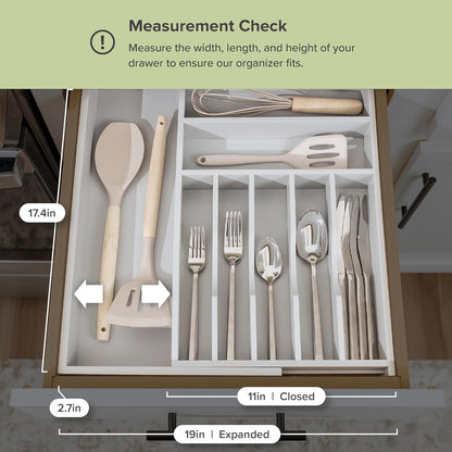 KitchenEdge Premium Silverware, Flatware and Utensil Organizer for Kitchen Drawers, Food-Safe Contract Grade, Expandable from 18 to 33 In, Natural Bamboo