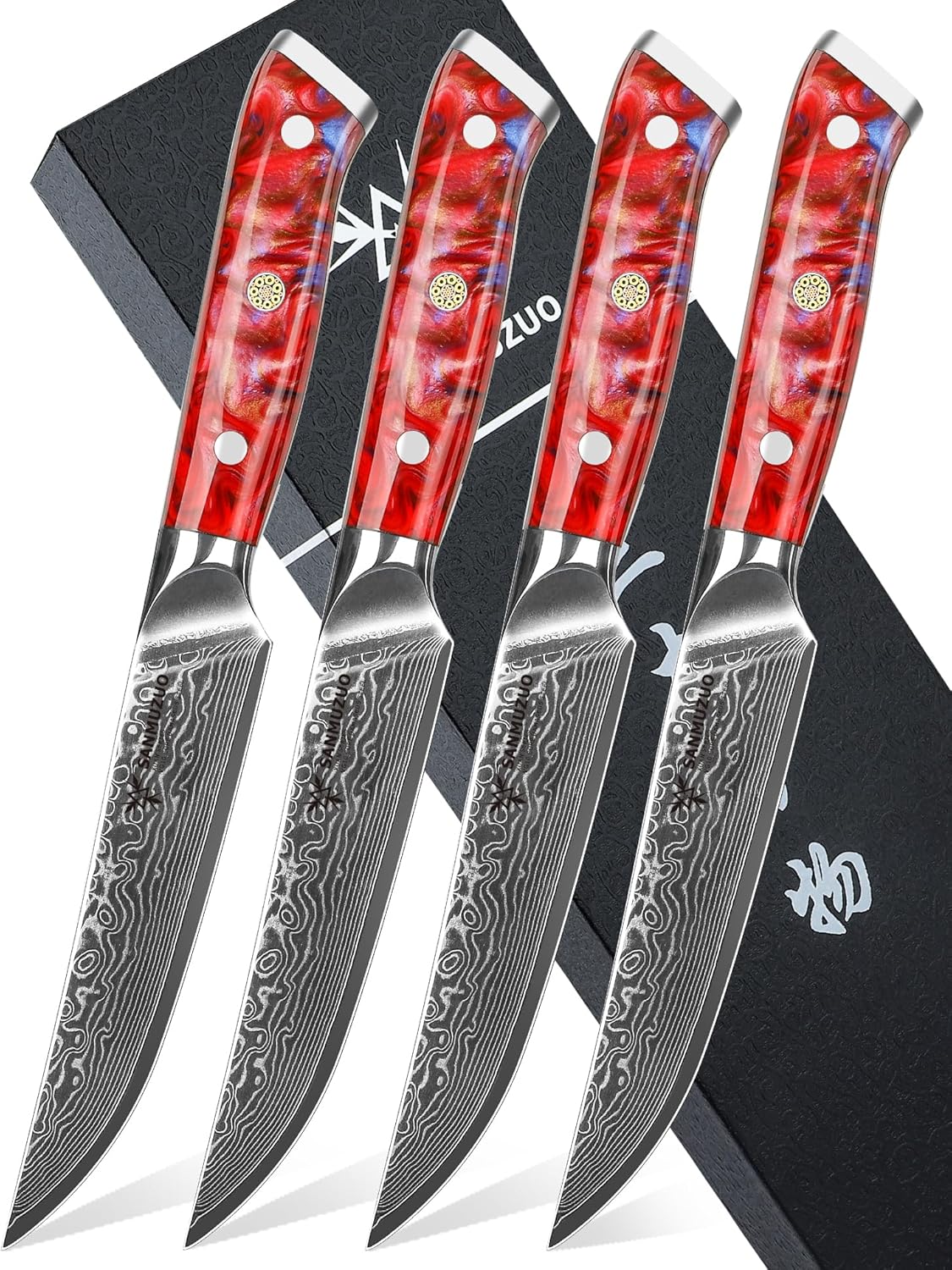 Steak Knives Set of 4, Ultra Sharp Non Serrated Kitchen Steak Knife 5 Inch - Damascus Steel & Resin Handle - Xuan Series (Sapphire Blue)