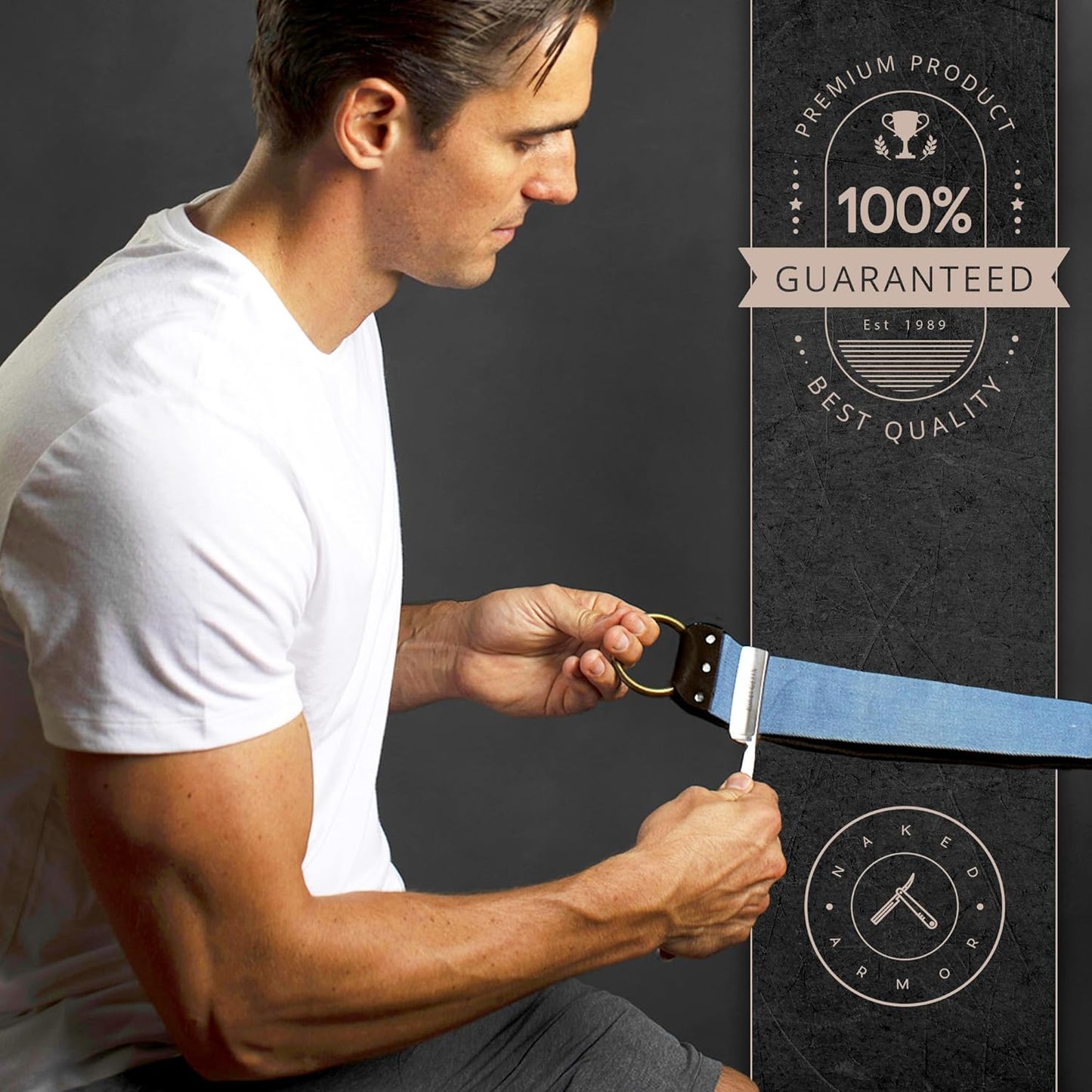 Naked Armor Straight Razor Leather Strop - 2.5" x 15" Cow Leather Razor Blade Sharpener with Brass Hooks, Brown