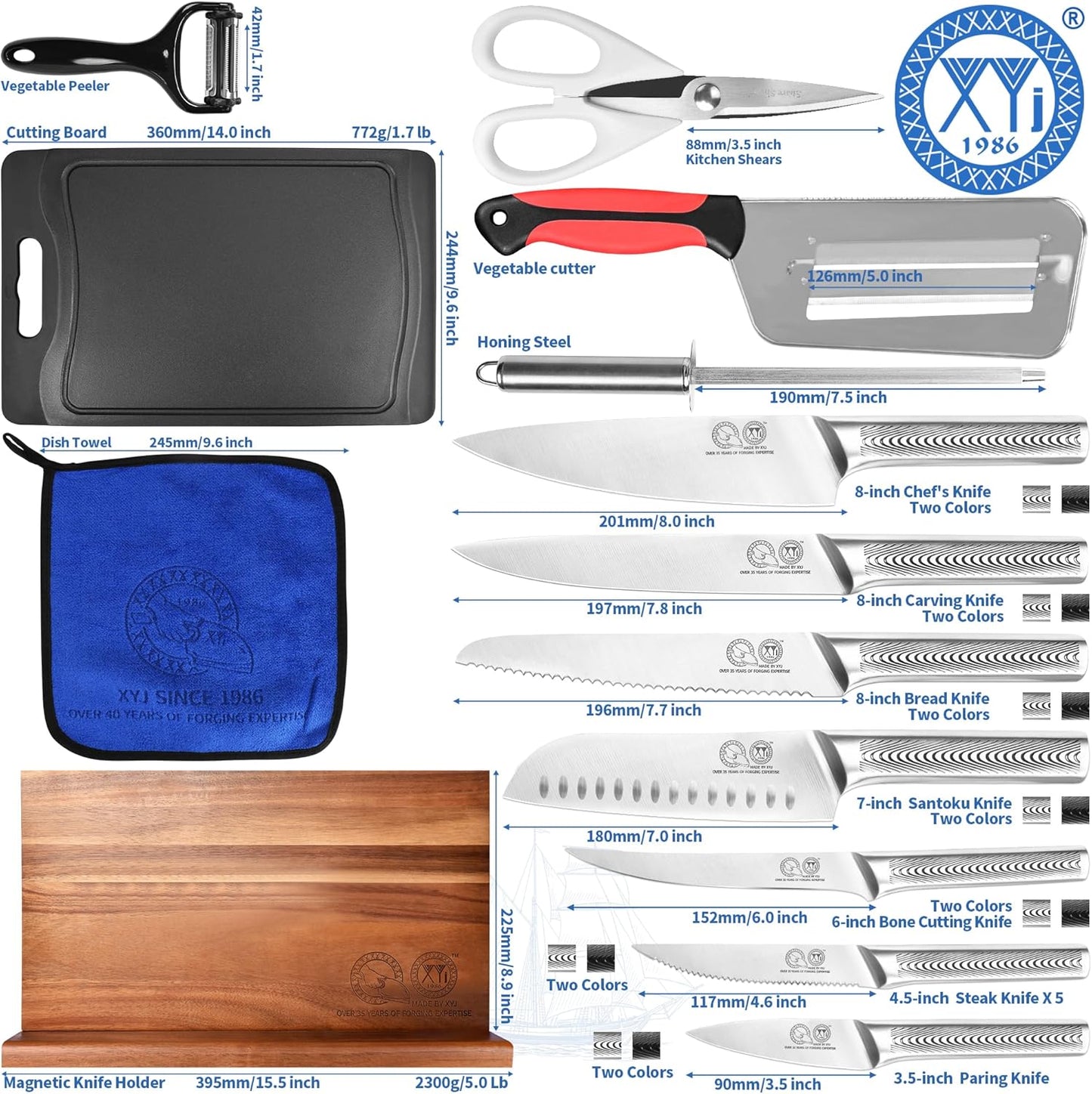 XYJ Kitchen Knife Block Set,Stainless Steel Knives Set with Magnetic Knife Block,Scissors,Gloves,Honing Steel,Japanese Style Paring Boning Steak Slicing Santoku Chef Knives,Resin Handle