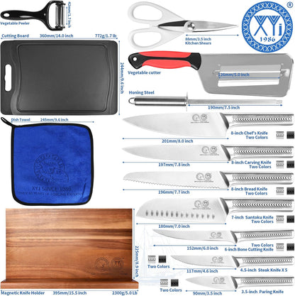 XYJ Kitchen Knife Block Set,Stainless Steel Knives Set with Magnetic Knife Block,Scissors,Gloves,Honing Steel,Japanese Style Paring Boning Steak Slicing Santoku Chef Knives,Resin Handle