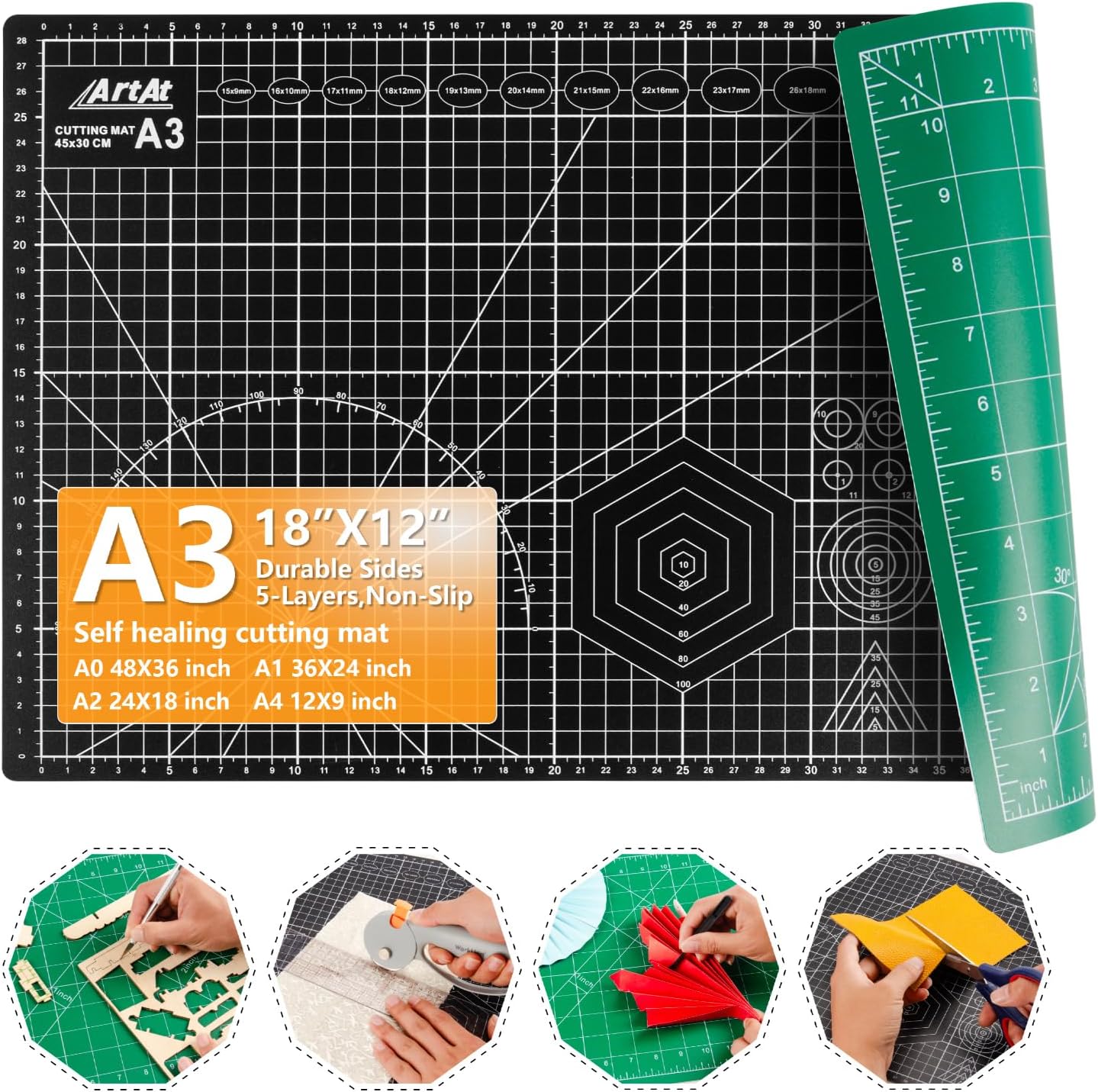 ArtAt Self Healing Cutting Mat: 12″x 18″ Black-Gray Eco-Craft Cutting Mat - 5-Layer Durable Anti-Blade-Wear Material for All Your Crafting Needs