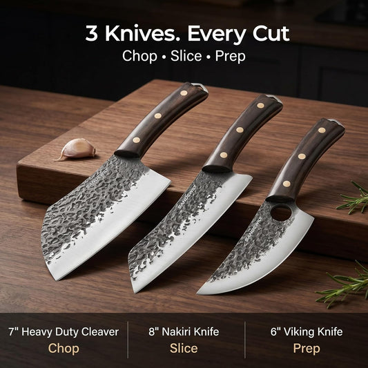 4-Piece Butcher Knife Set with 7” Cleaver, 8” Chef Knife, 8” Nakiri & 5” Utility Knife – Hand Forged Full Tang Kitchen Knives with Sharpening Stone for BBQ, Meat, Veggies & Outdoor Cooking