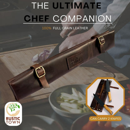 RUSTIC TOWN Leather Knife Roll - Chef's Knife Case Holder Cutlery Carrying Case Organizer Storage Bag - Travel Friendly Gift for Men & Women