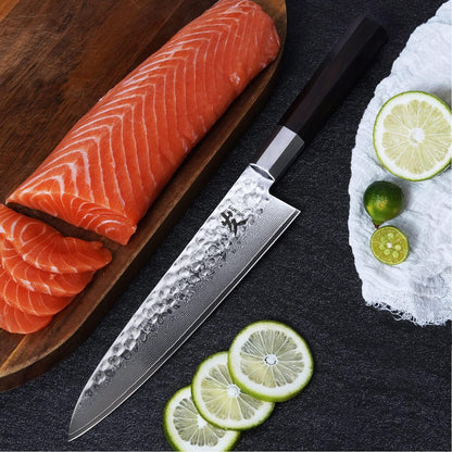 SAMCOOK Japanese Chef Knife - 8 Inch Professional Hammered Finish Damascus Gyuto Knife,VG10 Damascus High Carbon Steel Kitchen Cooking knife,Ergonomic Octagonal Ebony Handle with Gift Box