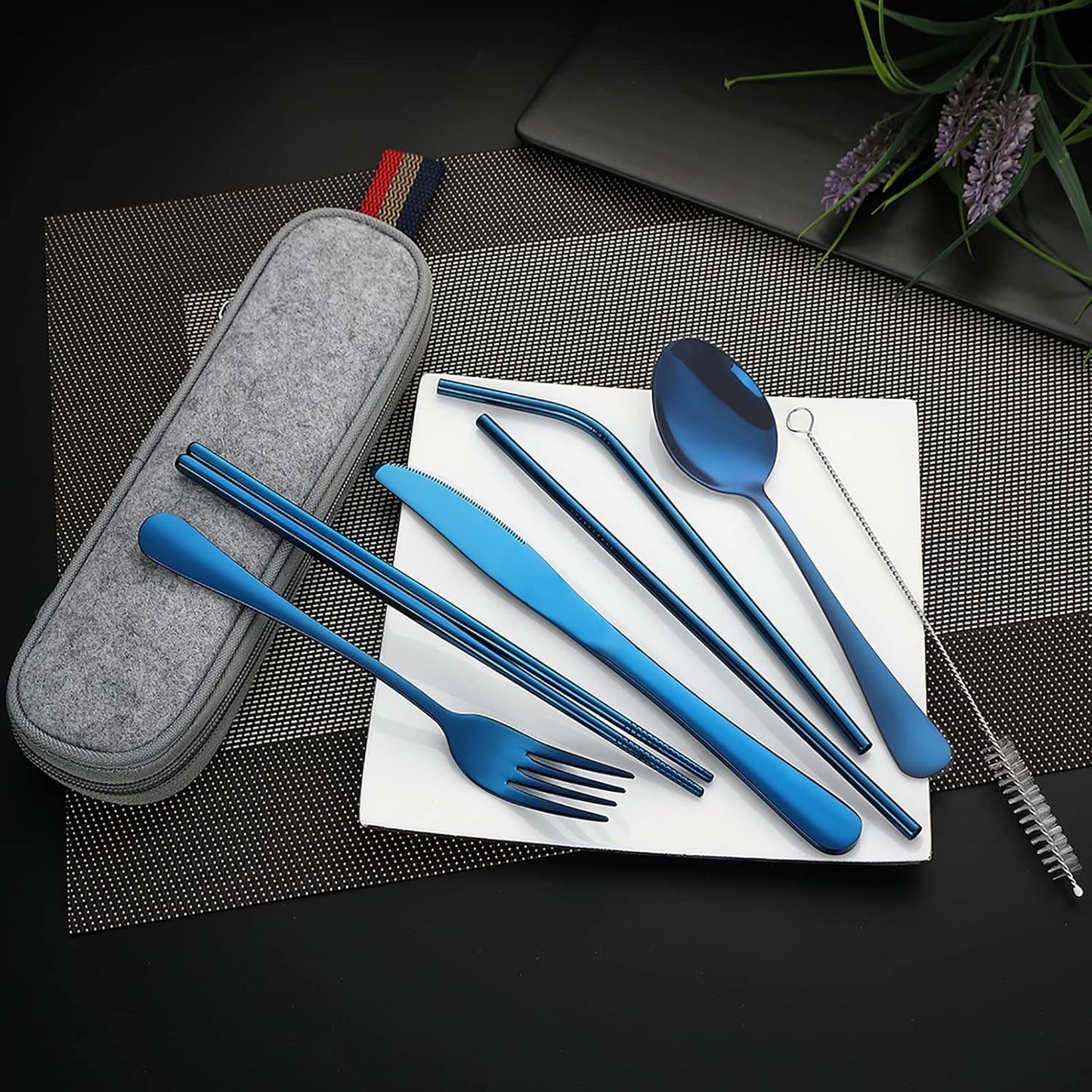 DEVICO Camping Utensils, 8-Piece Full-Size Reusable Silverware for Lunch Adult, Stainless Steel Portable Fork Spoon Knife Set for Work, Travel Cutlery Set with Case and Chopsticks Straws (Rainbow)