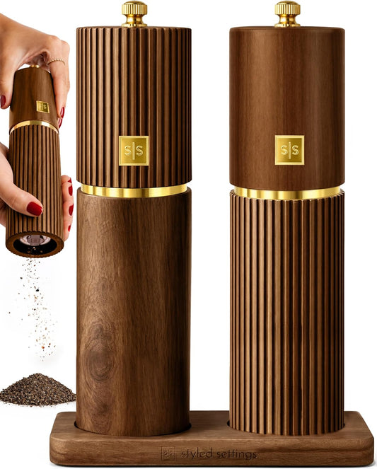 Wooden Salt and Pepper Grinder Set – Refillable Manual Salt and Pepper Mills with Adjustable Ceramic Burrs, Gold Detailing, and Wood Stand – White, Black and Acacia