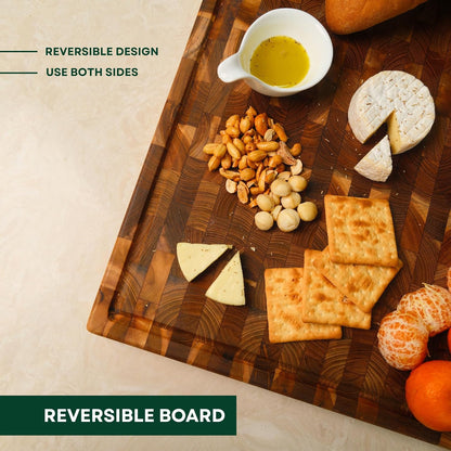 Teak End Grain Cutting Board for Kitchen – Large 18×12" Handmade Wood Butcher Block with Juice Groove & Handles – Knife-Friendly, Reversible, Non-Toxic Wooden Chopping Board, Indonesia