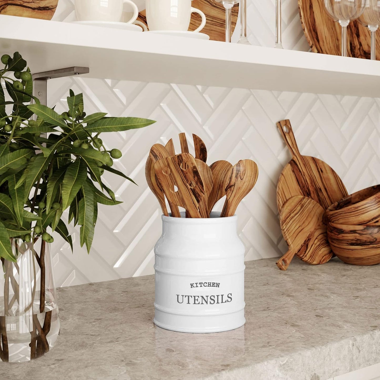 Barnyard Designs Ceramic Farmhouse Utensil Holder for Kitchen Counter, Large Rustic Utensil Crock, Countertop Cooking Tool Spatula Organizer, 6.75” (Taupe)