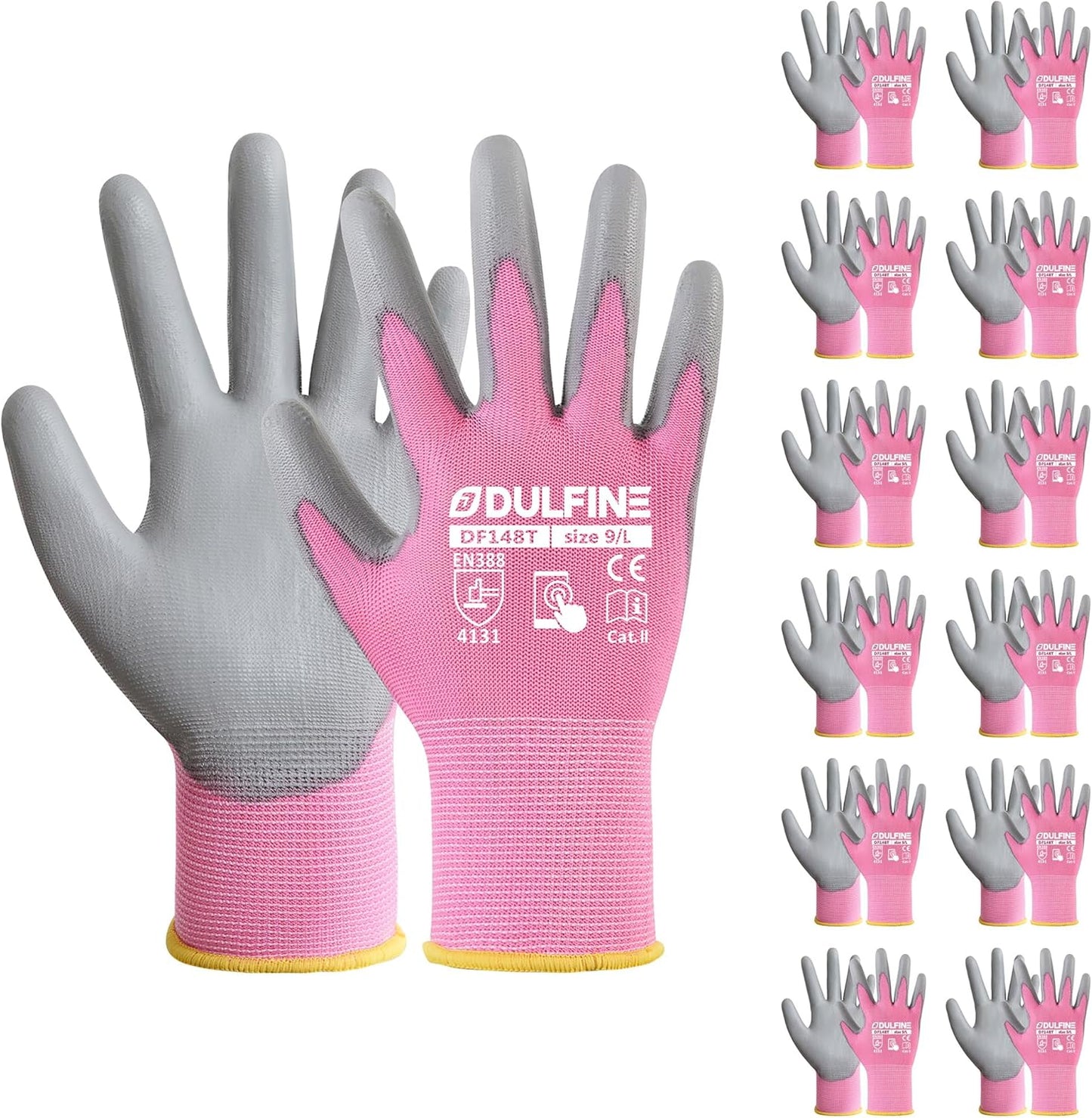 DULFINE Safety Work Gloves PU Coated-12 Pairs,Red Seamless Knit Glove with Polyurethane Coated Smooth Grip on Palm & Fingers, for Men and Women, Ideal for General Duty Work (Large)