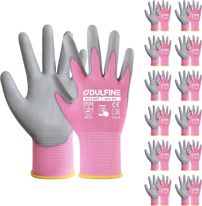 DULFINE Safety Work Gloves PU Coated-12 Pairs,Red Seamless Knit Glove with Polyurethane Coated Smooth Grip on Palm & Fingers, for Men and Women, Ideal for General Duty Work (Large)