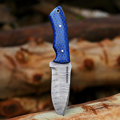 Fixed Blade Damascus Steel Hunting Knife with Leather Sheath, 9'' Full Tang Hunting Skinning,Non-Slip Wooden Handle,Camping Knife (VENGI)