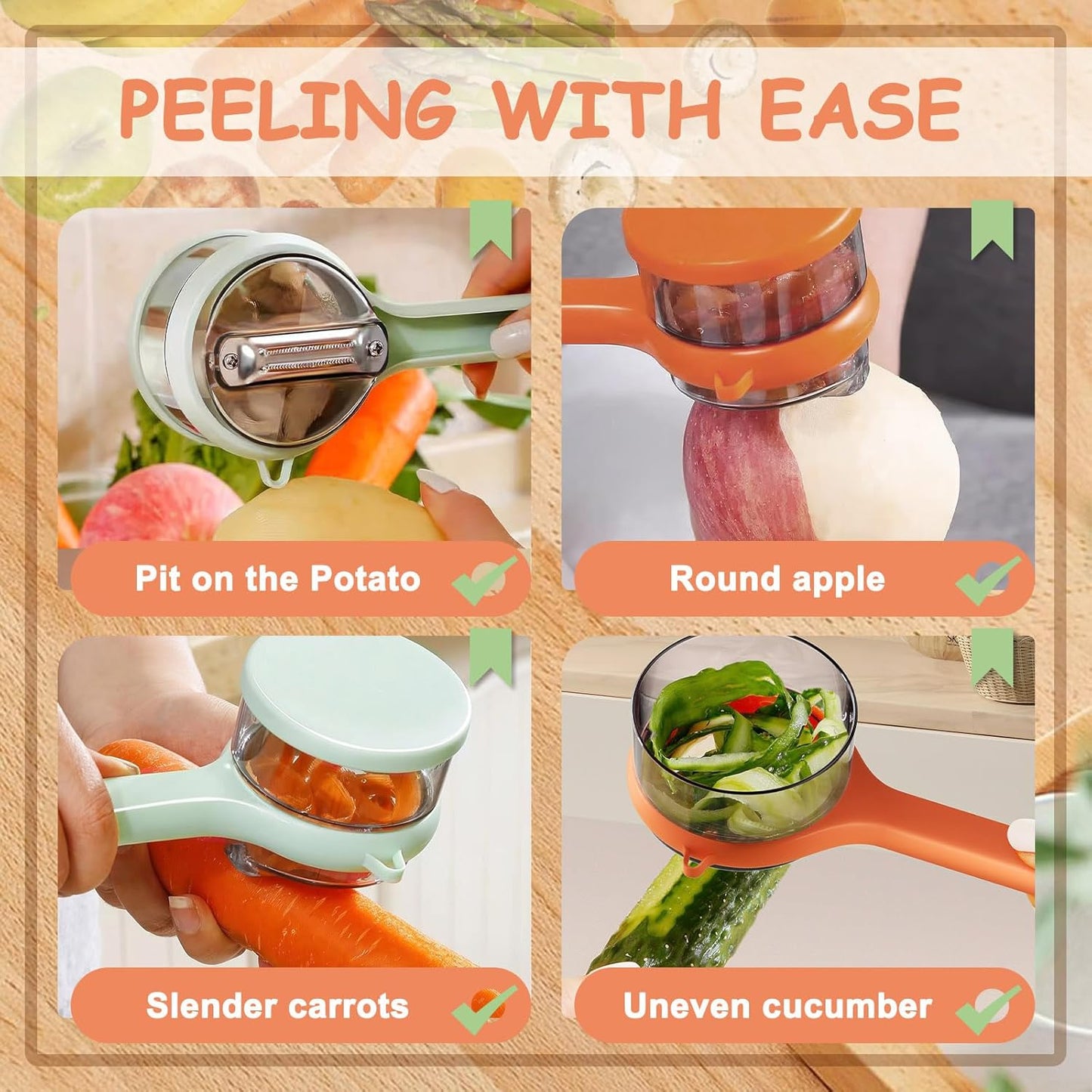 2 Pack Vegetable Peeler with Container, Double-Sided Stainless Steel Blade Peeling Knife with Storage Box, Veggie Peeler with Catcher Bucket for Home Kitchen Fruit Supplies (Orange & Green)