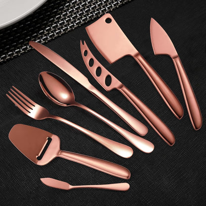 Copper Cheese Knives Set 7 Pieces Stainless Steel Kitchenware Utensils Gadgets 7 Pieces Cheese Knife,Cheese Spreader,Cheese Forks,Cheese Slicer,Cheese Cutter,Butter Knife