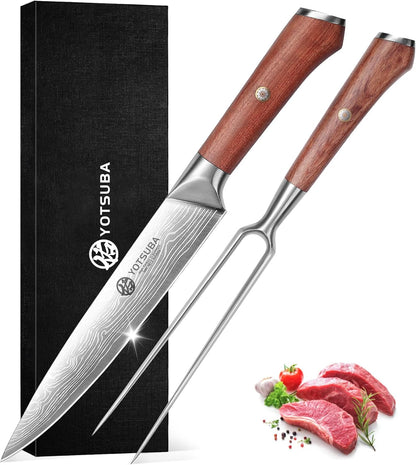 YOTSUBA Carving Knife and Fork Set, Meat Cutting Knife, Razor-Sharp German Stainless Steel Knives Fork Set with Ergonomic Wood Handle, Slicing Knives for Meats, BBQ & Vegetables
