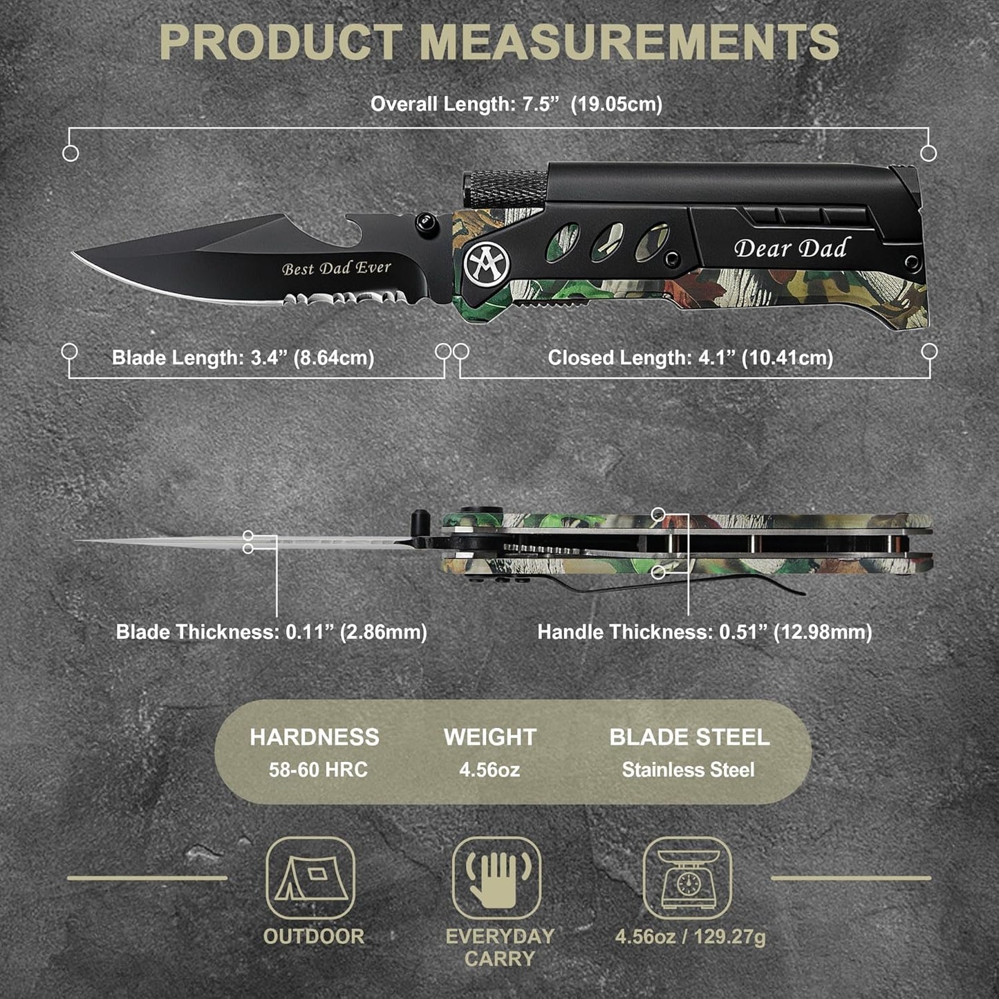 ALBATROSS 6-in-1 Survival Tactical Military Folding Pocket Knives with LED Light,Seatbelt Cutter,Glass Breaker,Magnesium Fire Starter,Bottle Opener;Multi-Function Emergency Tool(Black)