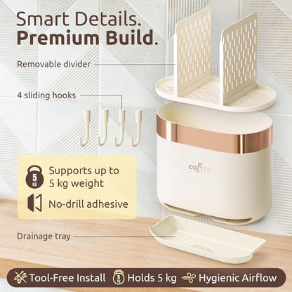 COZYTO LuxTray U1-Pro Wall Mounted Utensil Holder – Kitchen Organizer with Hooks, Dividers & Drain Tray, No-Drill Adhesive Wall Mount Storage, BPA-Free (Cream White & Shiny Silver)