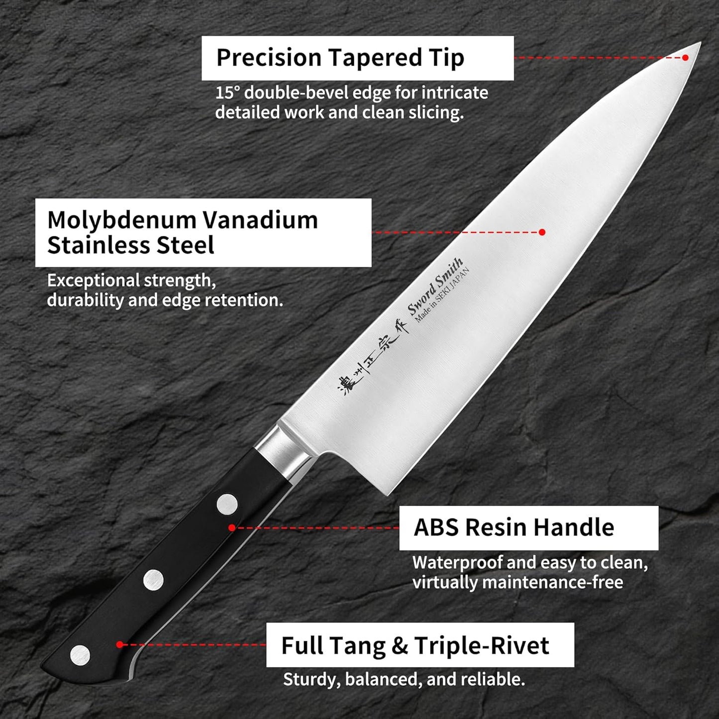 8 Inch Japanese Chef Knife, Made in Japan, Full Tang High Carbon Molybdenum Stainless Steel Gyuto Knife with Hammered Finish for Rock Chopping Meat, Fish and Vegetables