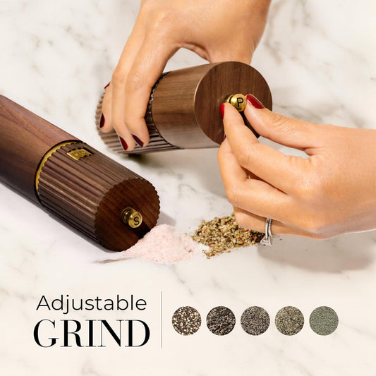 Wooden Salt and Pepper Grinder Set – Refillable Manual Salt and Pepper Mills with Adjustable Ceramic Burrs, Gold Detailing, and Wood Stand – White, Black and Acacia