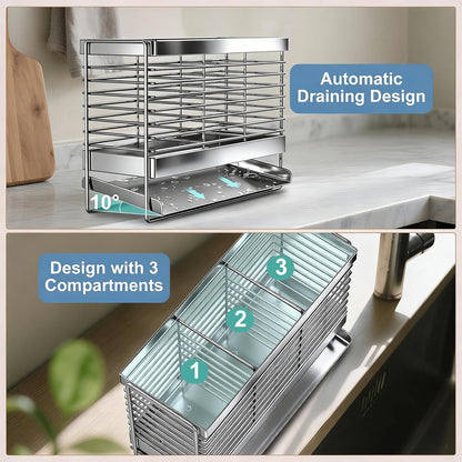 Utensil Holder, Upgrade Stainless Steel Utensil Drying Rack with Automatic Drain Tray for Kitchen Counter, Silverware Cutlery Organizer for Spoons, Forks, Knifes, Chopsticks (Black)