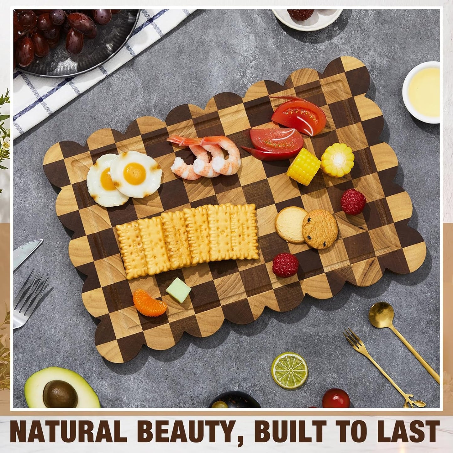 Nuanchu 3 Pcs Checkered Scalloped Cutting Board for Kitchen, Wood Chopping Board with Juice Grooves, Decorative Cutting Boards for Serving, Butcher Block for Meat and Bread (9x5.9,12x7.9,15x10 Inch)