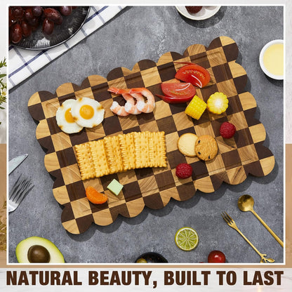 Nuanchu 3 Pcs Checkered Scalloped Cutting Board for Kitchen, Wood Chopping Board with Juice Grooves, Decorative Cutting Boards for Serving, Butcher Block for Meat and Bread (9x5.9,12x7.9,15x10 Inch)