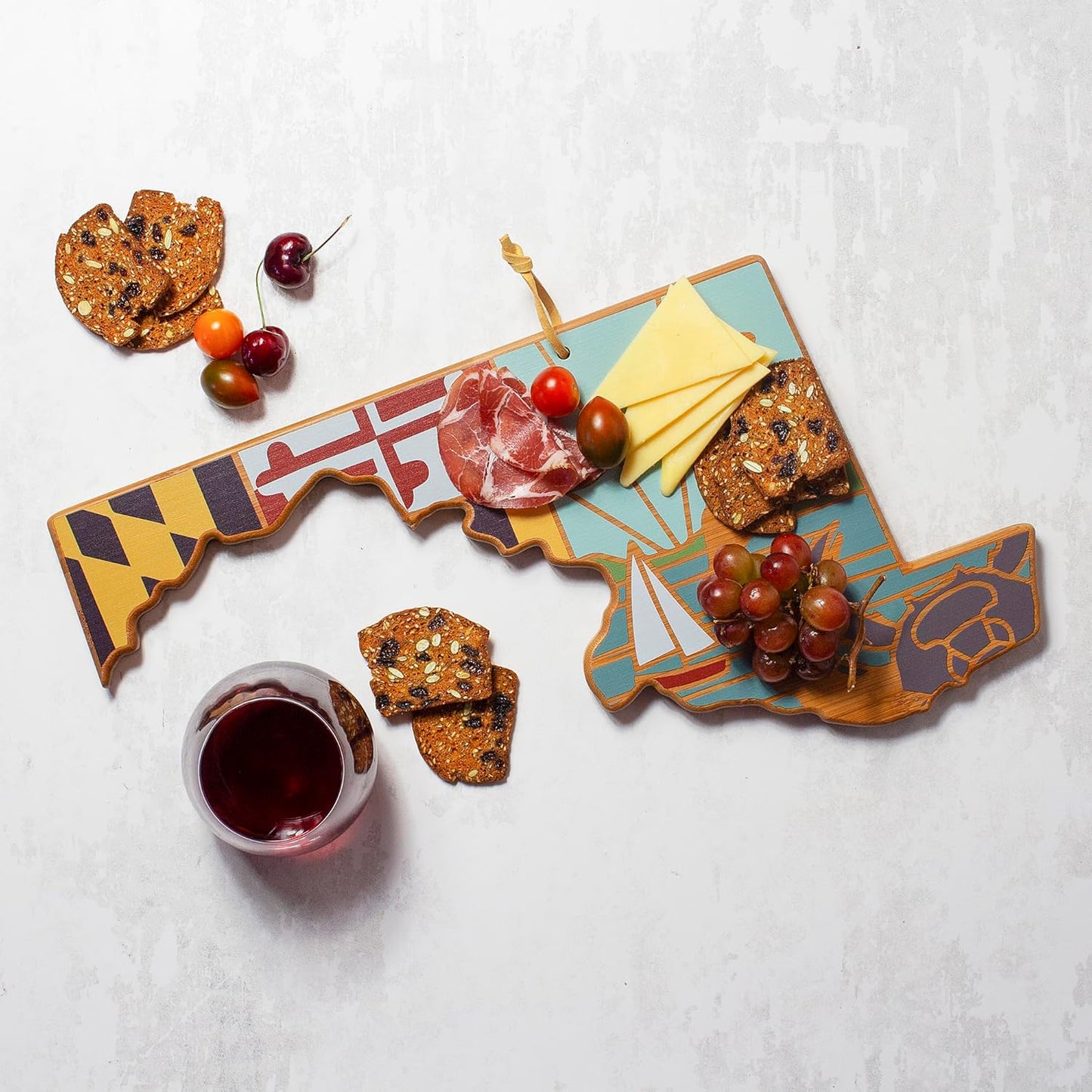 Totally Bamboo North Carolina State Shaped Cutting Board and Charcuterie Serving Platter with Artwork by Summer Stokes, Includes Hang Tie for Wall Display 18" x 8" x 5/8" - Colors B