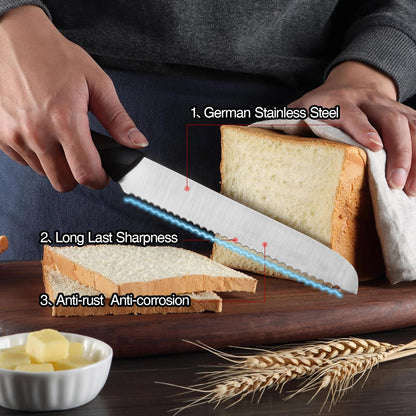 Bread Knife for Homemade Bread, 8 Inch Serrated Bread Knife Stainless Steel, Cutting Knives Ideal for Slicing Breads, Bagels, Cake, Comfortable Handle, Black