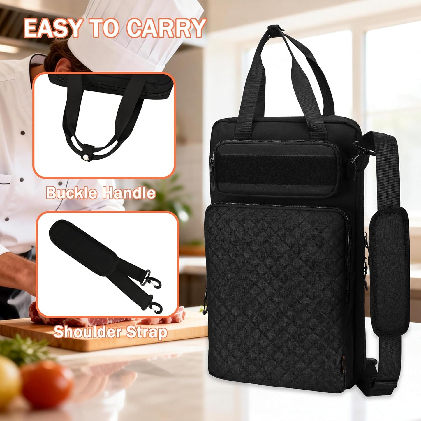Professional Knife Bag with Front Pocket for Cookbook & Pad, Chef Knife Bag With Shoulder Strap, Knife Carrying Case for Kitchen Tools & Chef Utensils, Quilted Black