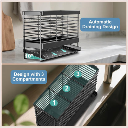 Utensil Holder, Upgrade Stainless Steel Utensil Drying Rack with Automatic Drain Tray for Kitchen Counter, Silverware Cutlery Organizer for Spoons, Forks, Knifes, Chopsticks (Black)