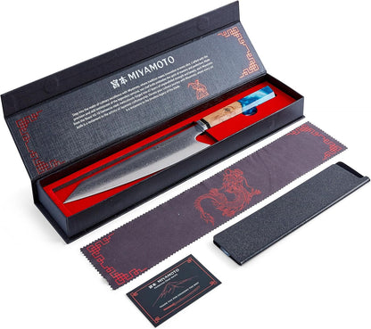 Miyamoto 8-Inch Japanese Damascus Chef Knife, 67-Layer Steel, Ultra-Sharp High Carbon Blade with Resin Handle for Precision Chopping and Carving